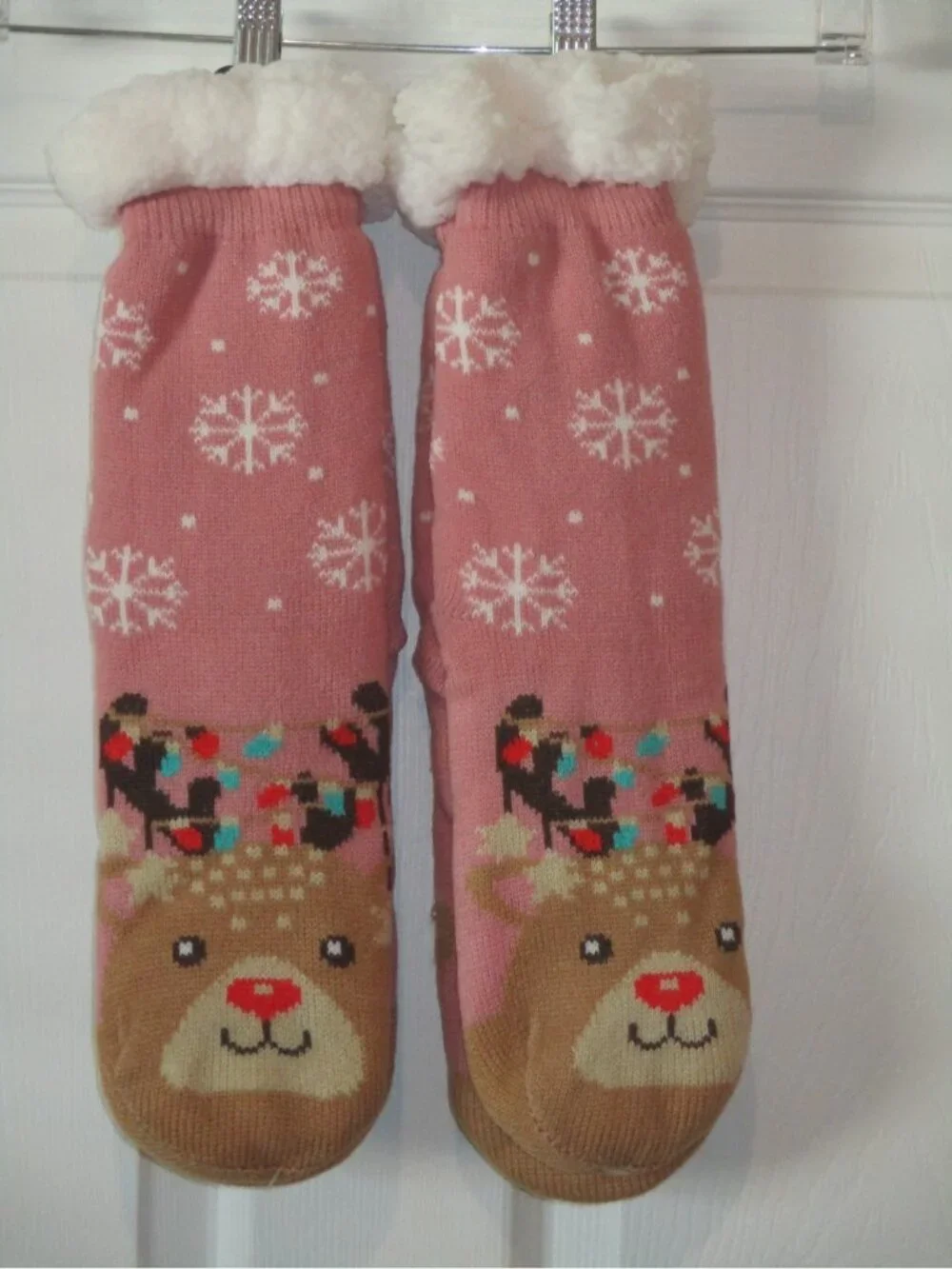 Sherpa Theme Lined Socks Non slip Lot 2 Faux Fur 2 Pairs of Reindeer Socks New